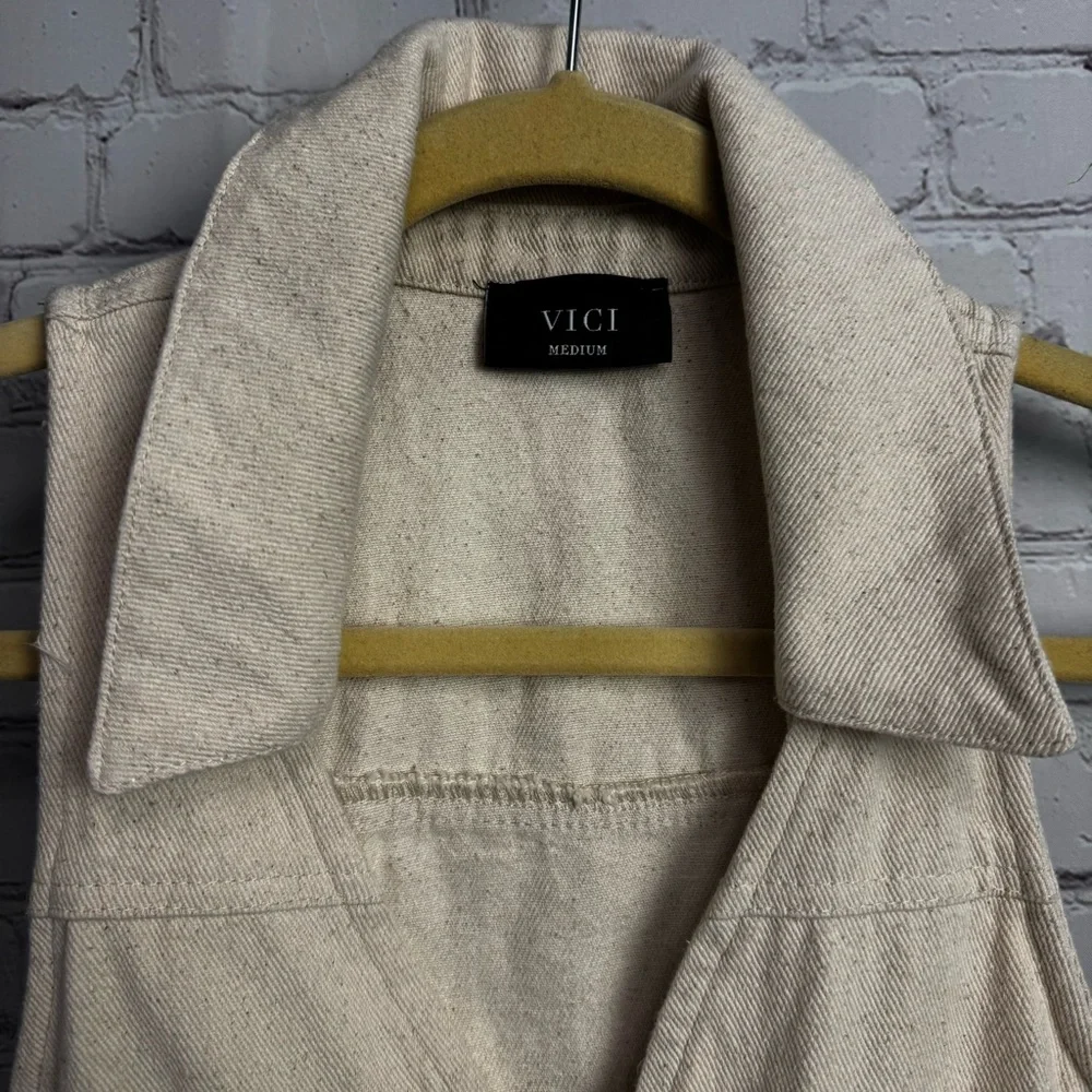 Vici neutral beige safari zip up sleeveless mini dress medium bodycon retro chic - Picture 5 of 7